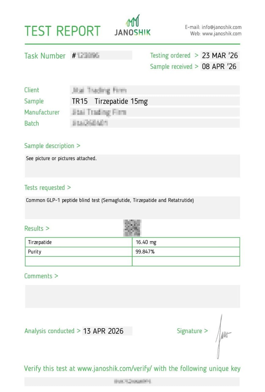A redacted Janoshik test report for a blind GLP-1 test, returning tirzepatide at 16.40 mg and 99.847% purity