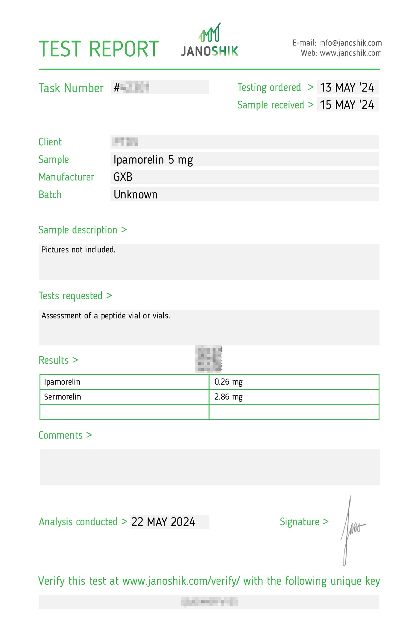 A redacted Janoshik report for a sample sold as ipamorelin 5 mg, returning 0.26 mg of ipamorelin and 2.86 mg of sermorelin