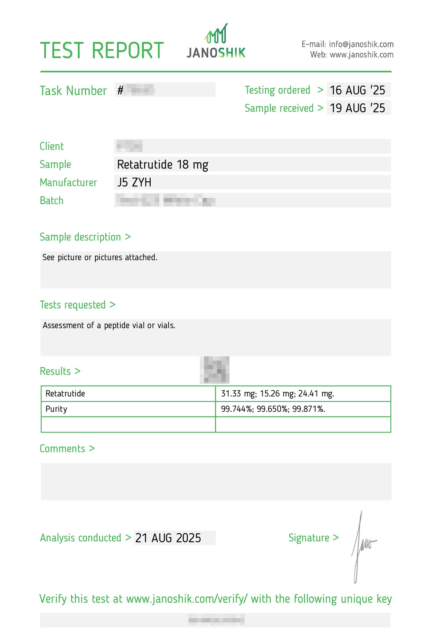 A redacted Janoshik report for retatrutide labeled 18 mg showing three vials at 31.33, 15.26, and 24.41 mg, all above 99.6% purity