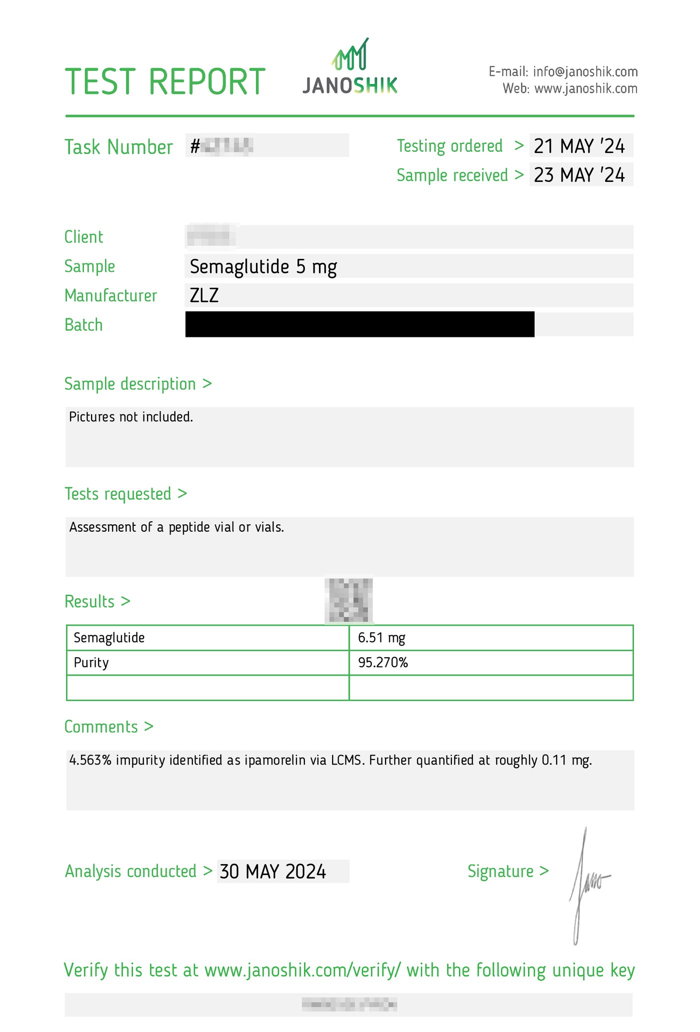 A redacted Janoshik report for semaglutide 5 mg returning 6.51 mg at 95.270% purity with a 4.563% ipamorelin impurity noted