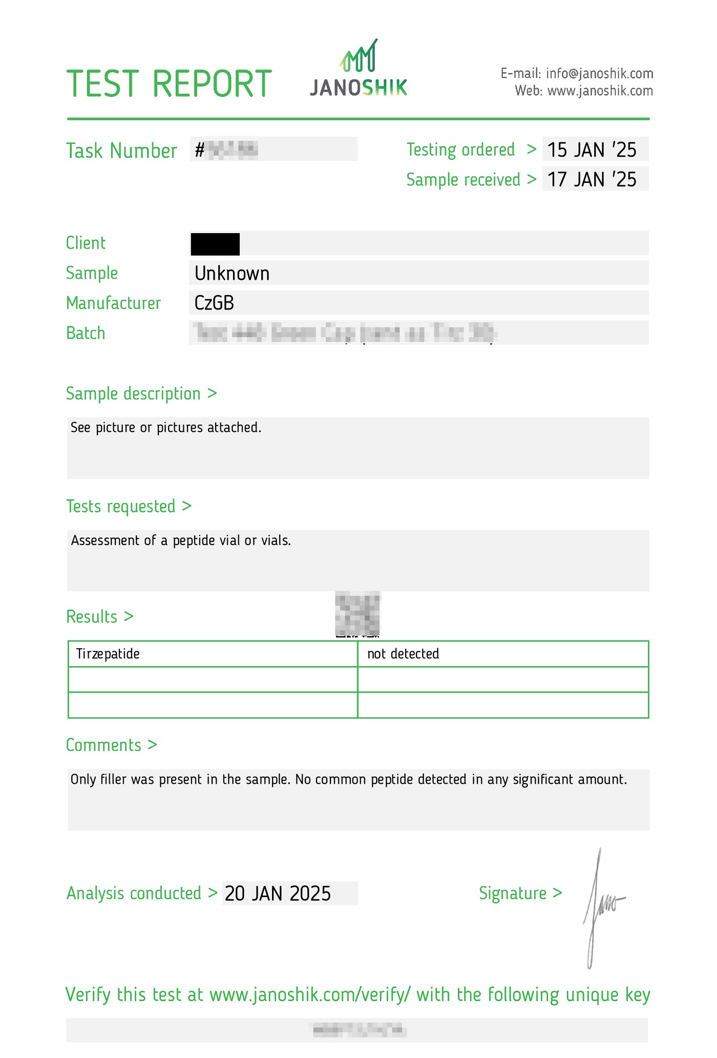A redacted Janoshik report returning tirzepatide not detected, with the comment that only filler was present in the sample