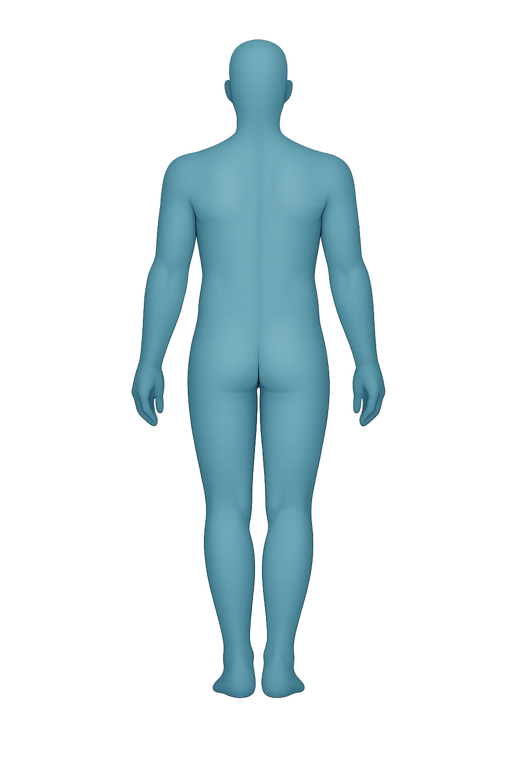 Back view of a body; tappable markers sit over the common subcutaneous injection sites on the upper arms, flanks, upper buttocks, and back thighs