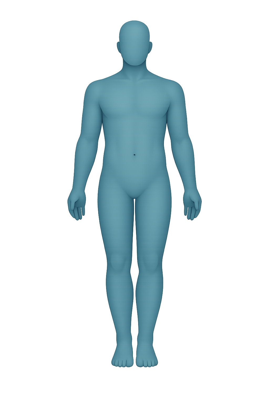 Front view of a body; tappable markers sit over the common subcutaneous injection sites on the upper arms, abdomen, and front thighs